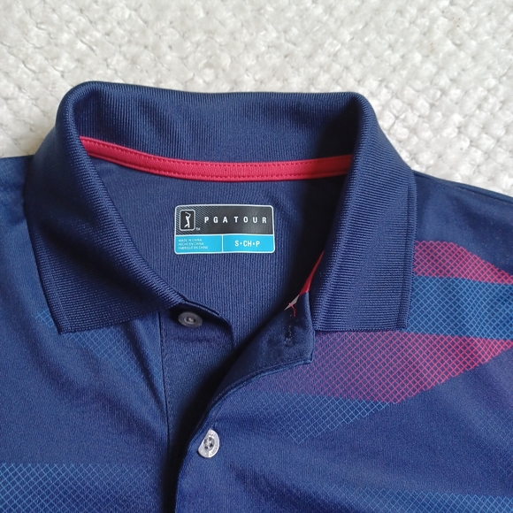 PGA tour golf shirt for men in small blue navy red stripped collar tshirt light - Picture 2 of 5